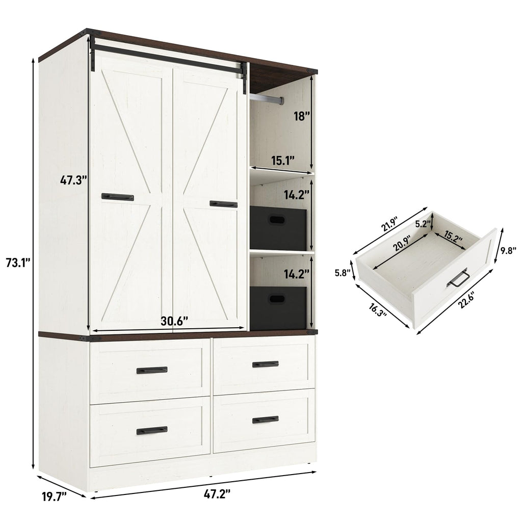 Farmhouse 3 Doors Armoire Wardrobe Closet w/Folding Sliding Barn Door and Lights, LED Armoire Closet w/Drawers