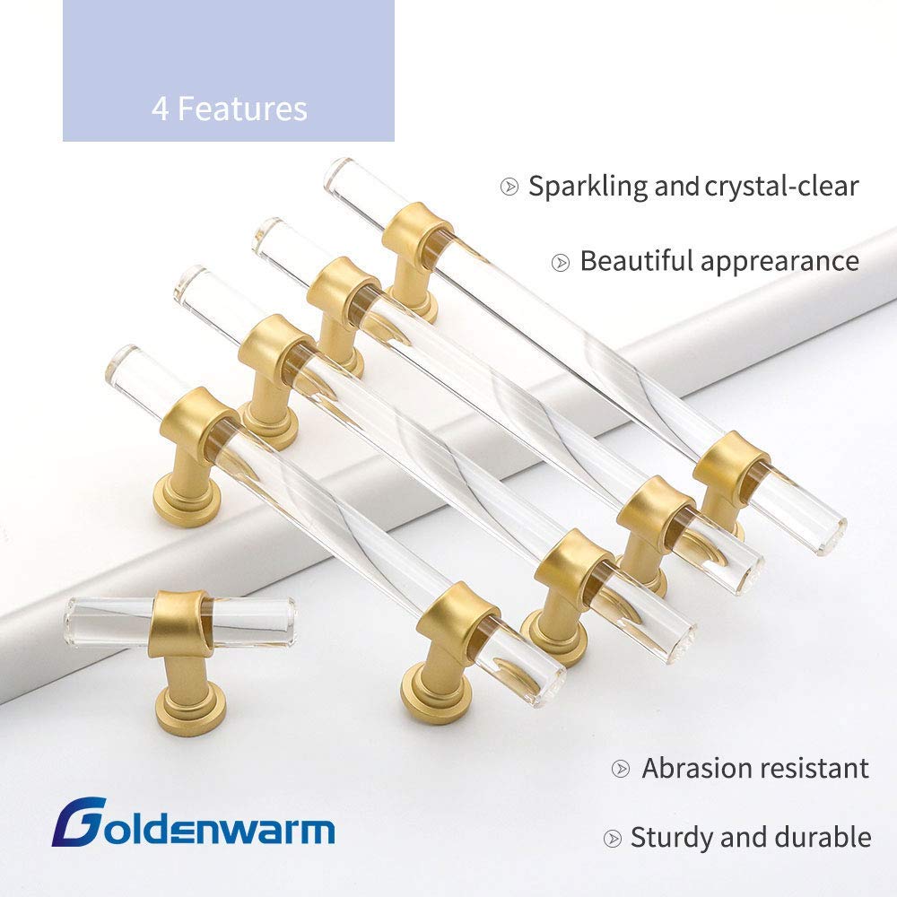 5 Pack 5 Inch Kitchen Cabinet Handles Gold Drawer Pulls Crystal Acrylic with Brushed Brass Handles for Cabinets