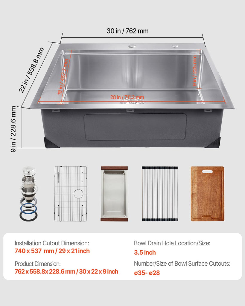 30 inches Kitchen Sink Workstation, Ledge and Multiple Accessories