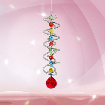 Gazing Ball Spiral Tail -Decorative Wind Spinner Double-Spiral W/Red Crystal Ball and Chain Crystals for Indoor