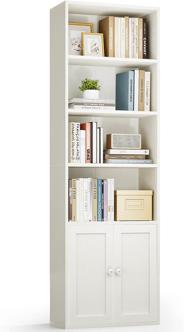 Bookshelf and Bookcase with Doors, Floor Standing 6-Tier Shelf Display Storage Shelves, Tall Bookcases, White
