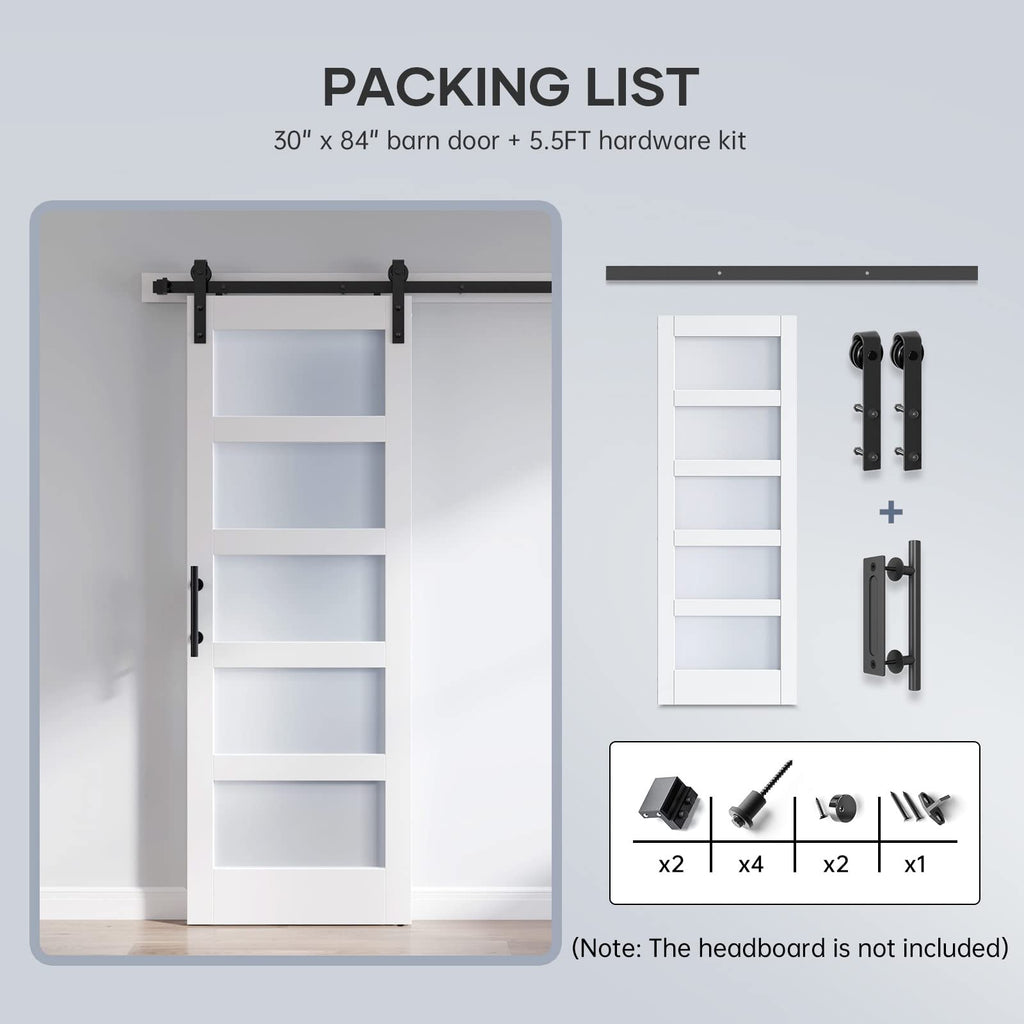 30x84 Inch Glass Sliding Barn Door Slab and 5.5ft Hardware Kit Included, 5 Frosted Glass, LVL Wood Panel Covered with
