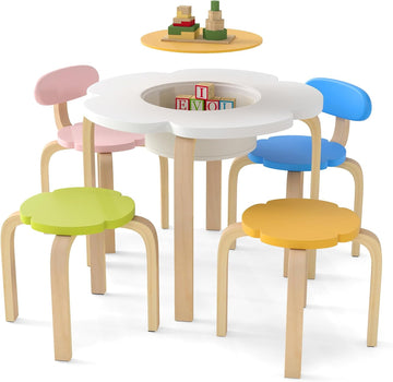 Kids Table and Chair Set, Wooden Toddler Flower-Shaped Table and 4 Chairs w/Storage for Art Craft, Dining, Piece
