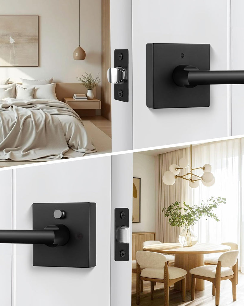 Black Door Handles Interior, Matte Black Privacy Door Handles, Square Black Door Lever Interior Bedroom (6 Pack)