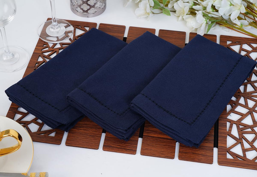 Navy Blue Hemstitch Linen Napkins Set of 12-100% Cotton Cloth Dinner Napkins 18x18 inches, Soft, Reusable, Absorbent