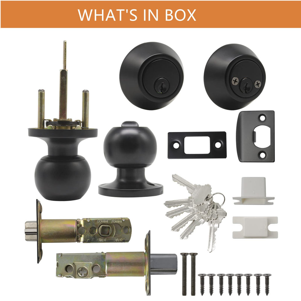 5 Pack Black Entry Door Knob and Double Cylinder Deadbolt Combo Pack, Keyed Alike Lock Set