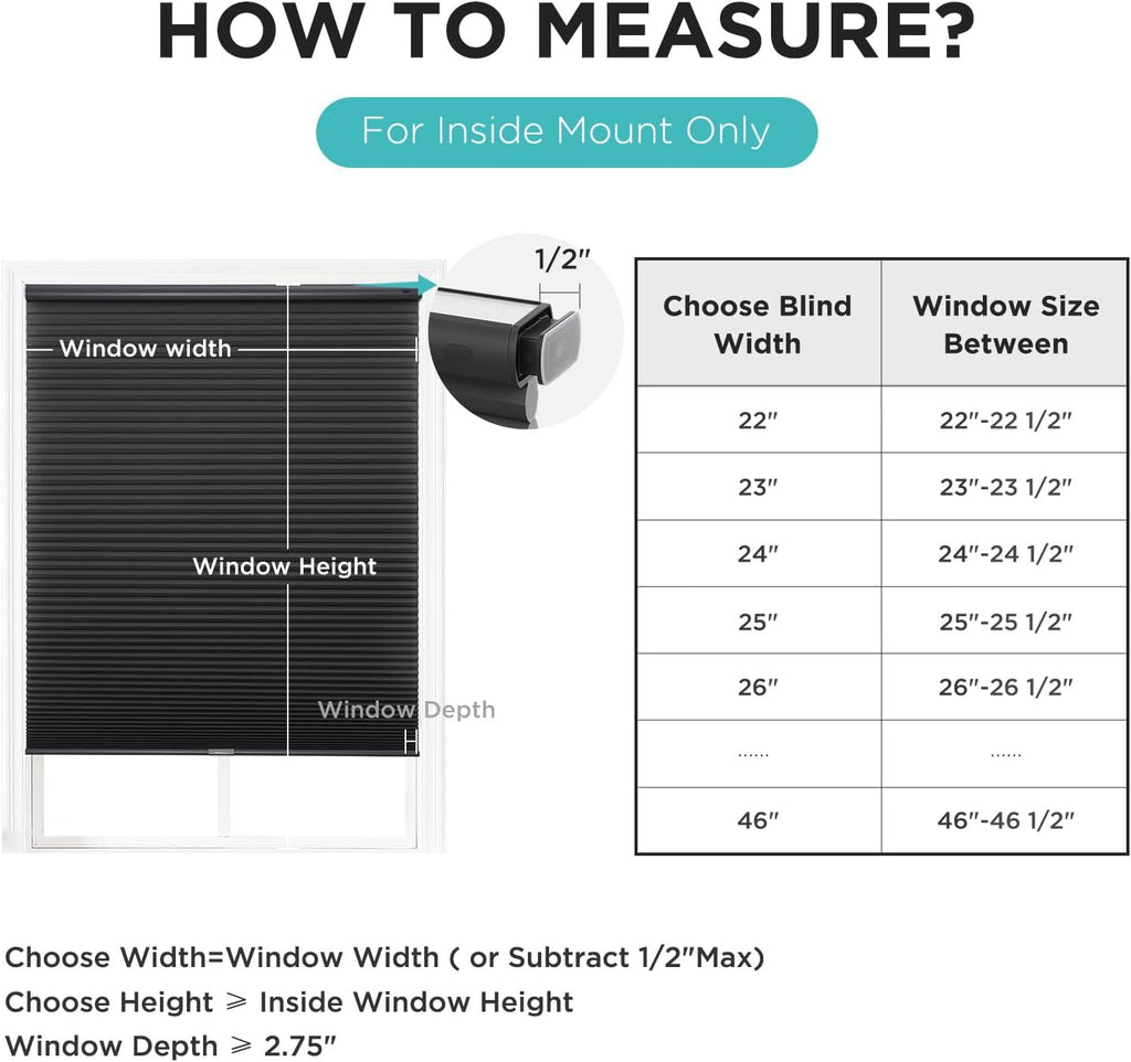 No Drill Light Filtering Cellular Shades, Black, | Thermal Insulating, No Drill Blinds for Windows, Light Filtering