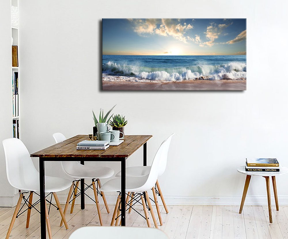 Beach Sunset Canvas Wall Art Blue Ocean Wave Nature Prints, 24"x48"