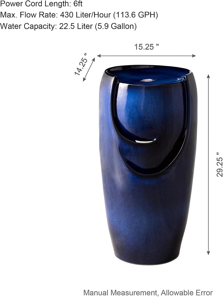 29.25" H Outdoor Water Fountain Ceramic Jar Water Fountain with LED Light and Submersible Pump Vase Freestanding