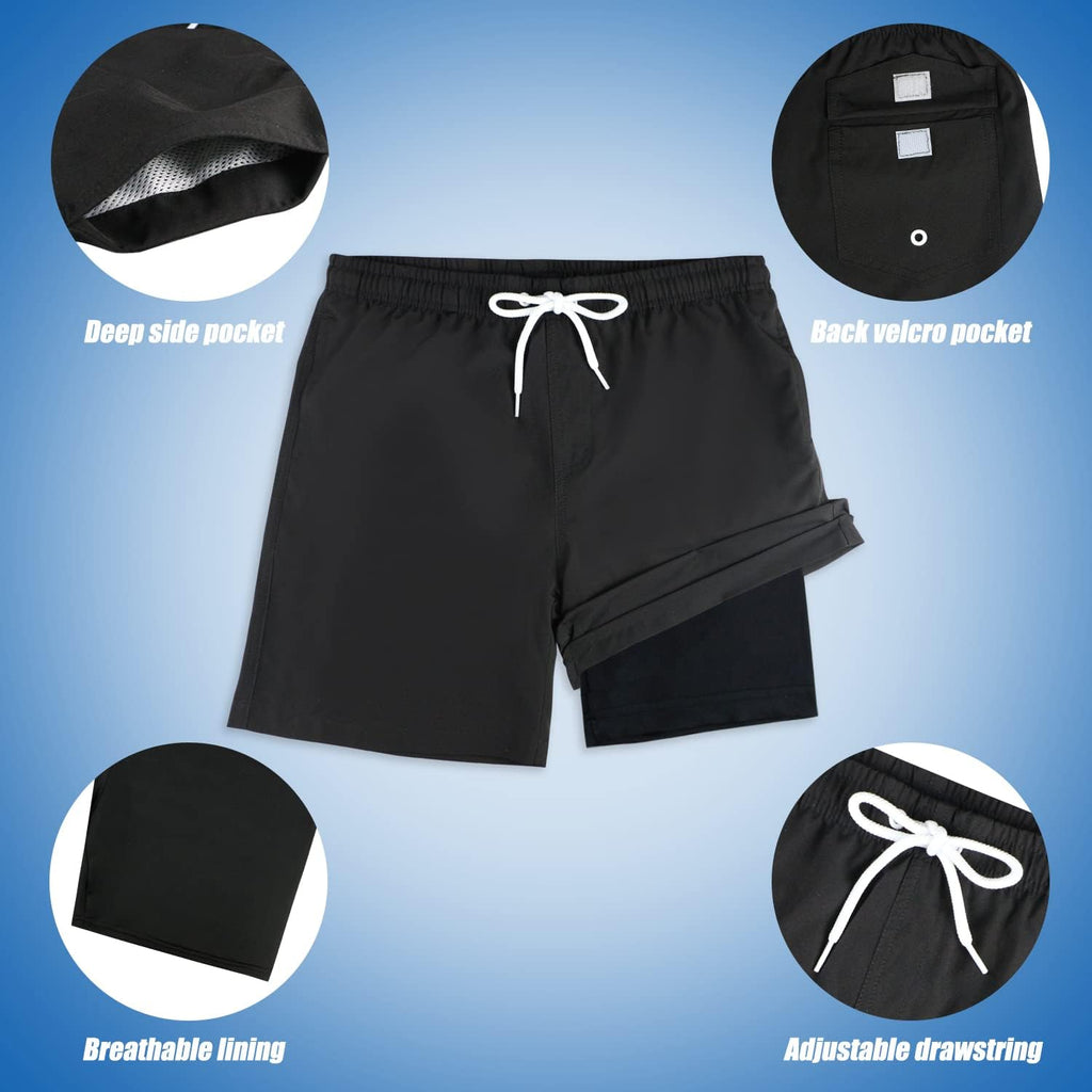Boys Swim Trunks with Compression Liner Comfortable Anti-Chafe Swimming Shorts Stretchy UPF Quick Dry