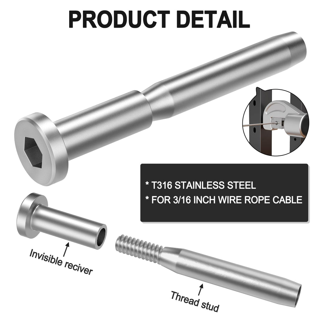 24 Pack 3/16" Invisible Cable Railing kit, T316 Stainless Steel Invisible Receiver and Swage Stud End for 3/16 Inch