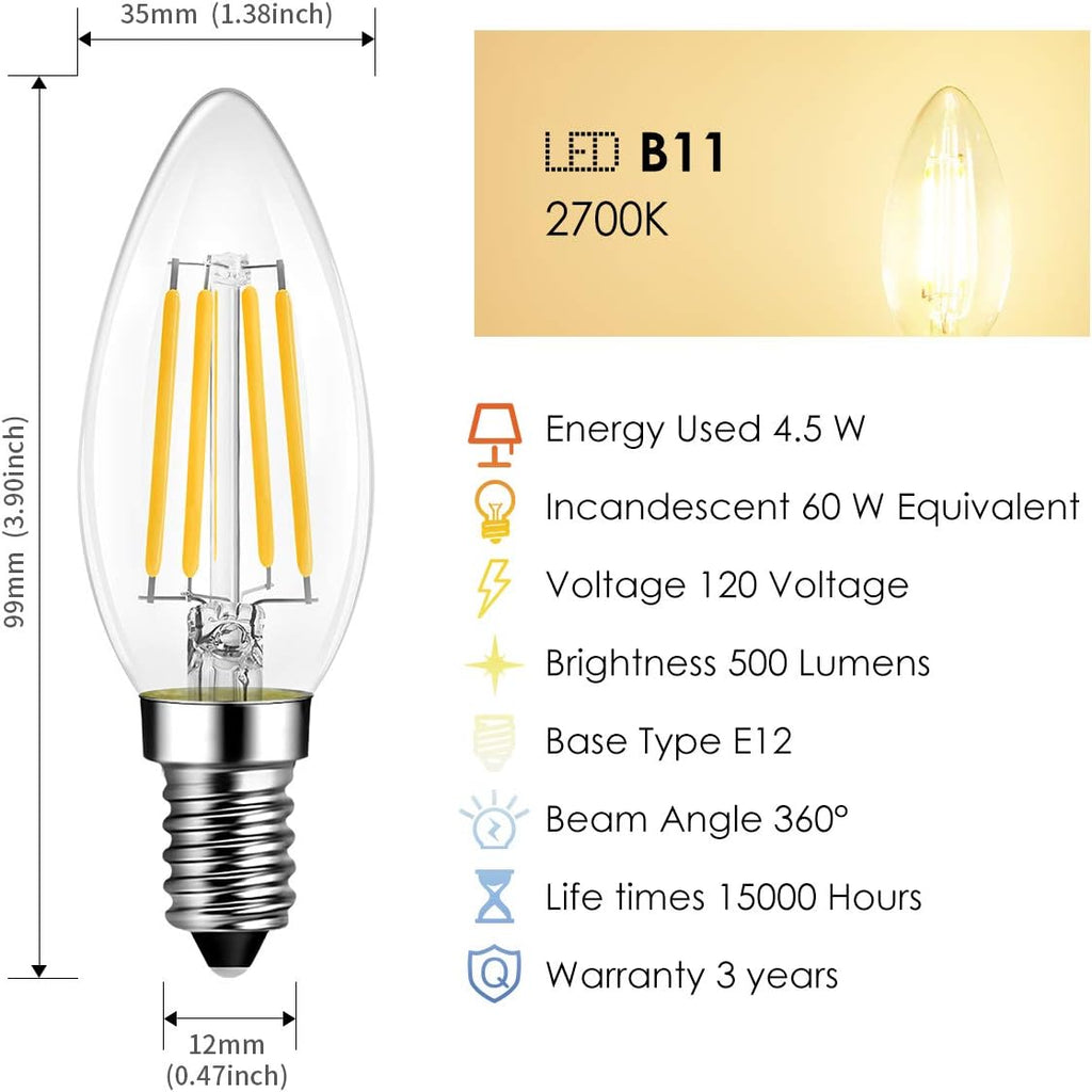 E12 Candelabra LED Bulb Dimmable, 2700K B11 Candle Light Bulb,6 Pack