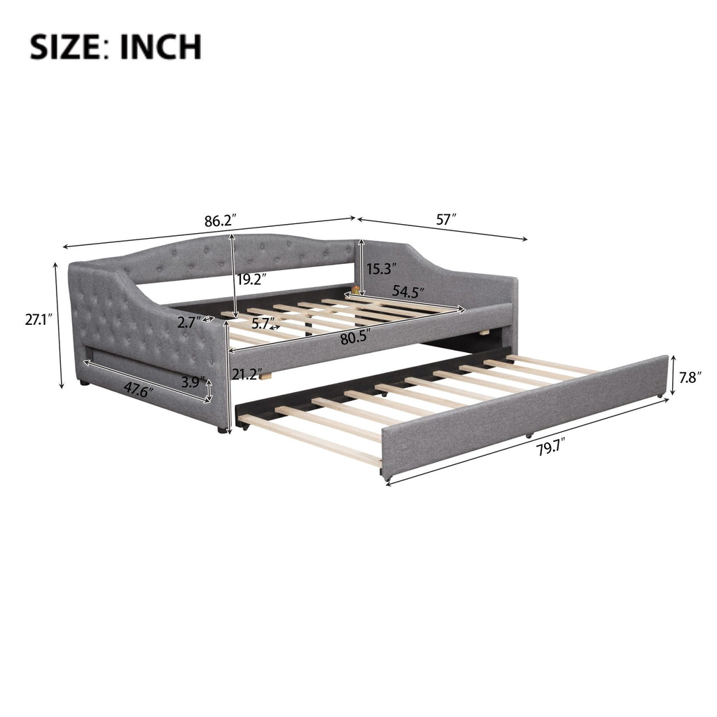 Full XL Upholstered Daybed with LED Lights, Corner Daybed Frame with Trundle, Linen, Gray