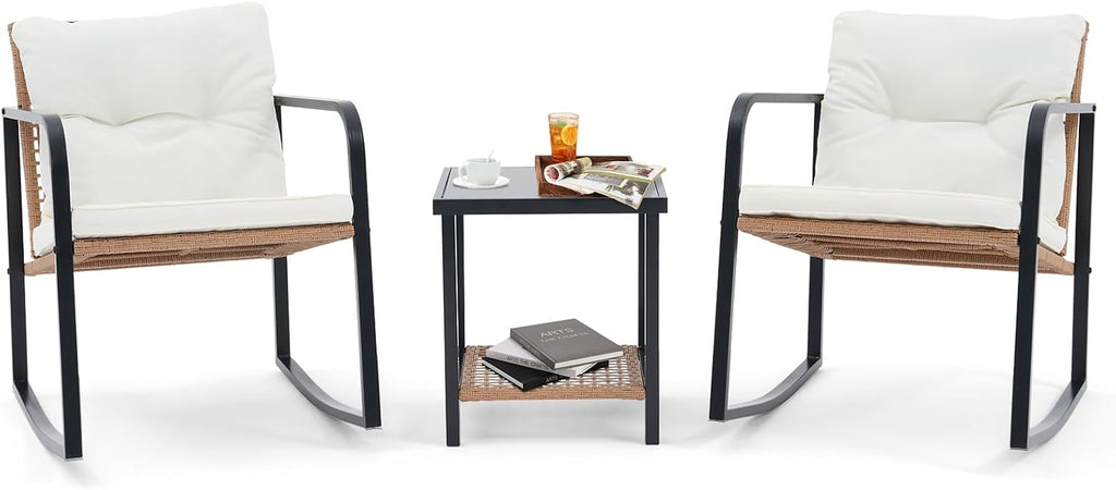3-Piece Rocking Bistro Set, Small Wicker Patio Furniture Set | Outdoor Patio Rocking Chairs Set, 2-Tier Coffee Table