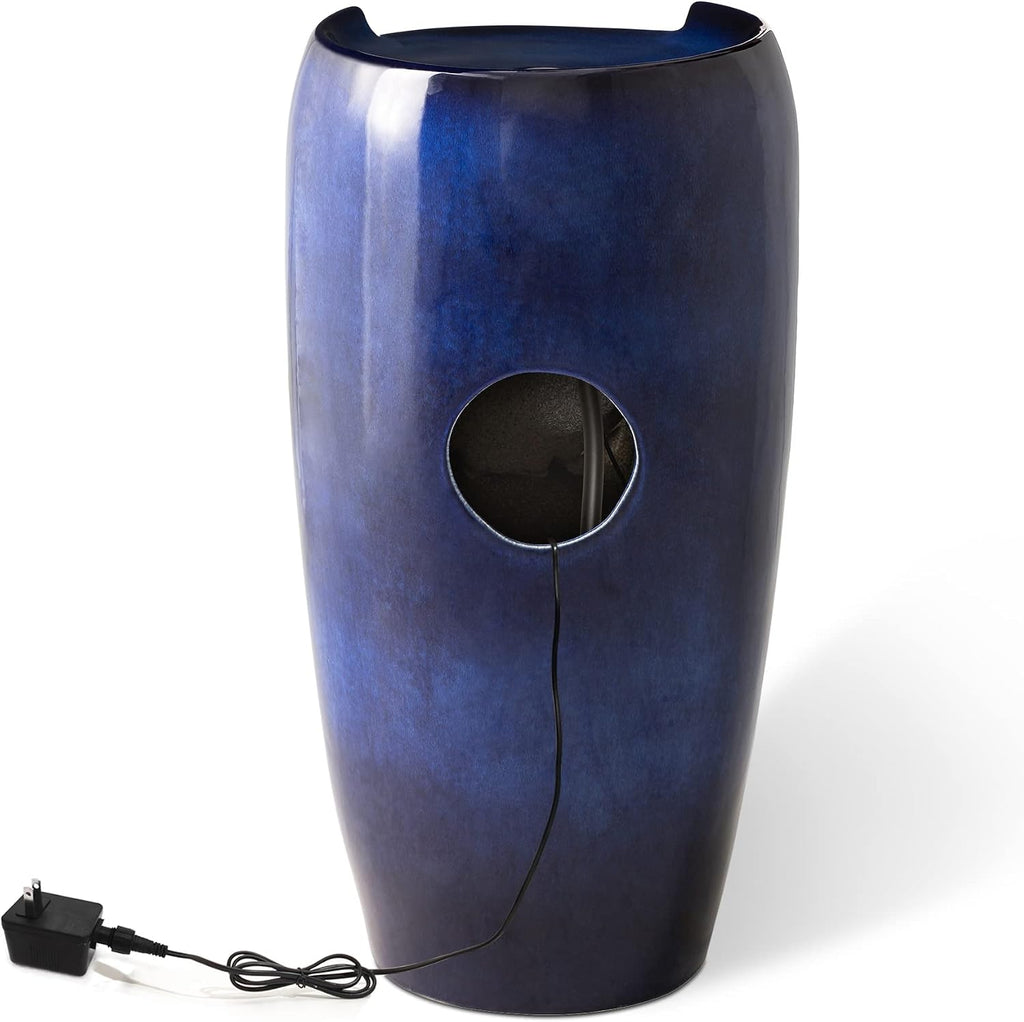29.25" H Outdoor Water Fountain Ceramic Jar Water Fountain with LED Light and Submersible Pump Vase Freestanding