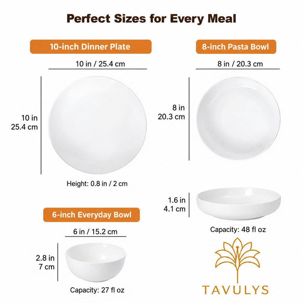Porcelain Dinnerware Set for 4, Lightweight White New Bone China Plates and Bowls, 10" Dinner Plates, 8"