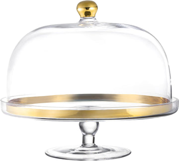 Glass - Cake Stand - and - Dome - with - Gold Rim - and - Gold Knob - for - Cake - Fruit - Cheese - 11.75" Diameter