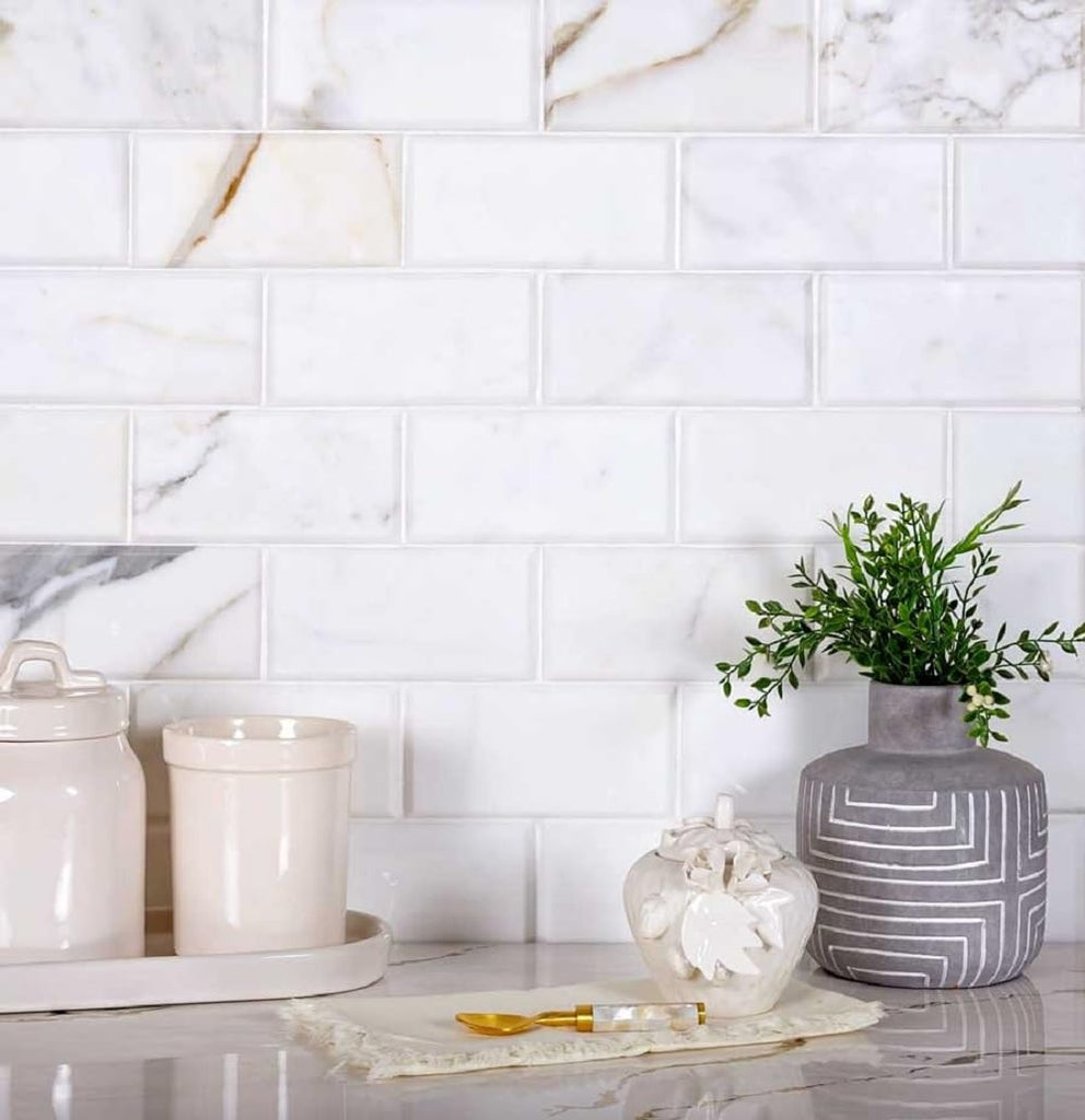 Beveled Subway Calacatta Marble Tile White 3x6 Polished 5 sq ft 40-Pack