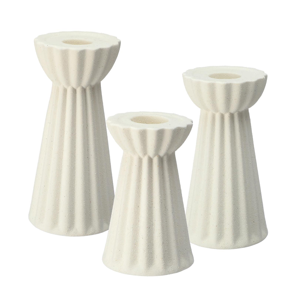 Set of 3 Ceramic Taper Candle Holder Cream White, Matte Fluted
