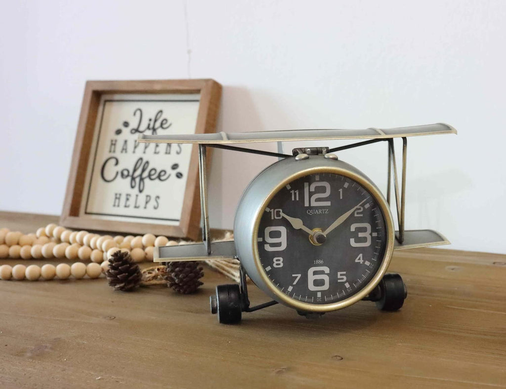 Airplane Metal Tabletop Clock Industrial Home Decor Accents for the Mantel, Shelf, Desk, or Any Table Top, Battery