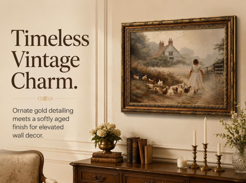 Vintage Gold Framed Farmhouse Wall Art Retro Country Farm Girl with Chicken Canvas Wall Decor Rustic Pastoral Scenery