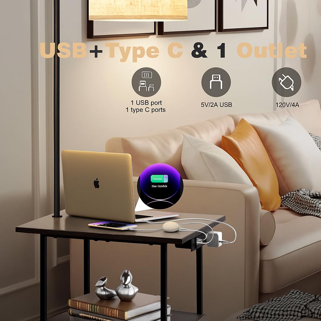 Floor Lamp with Table & Remote, End Table with Charging Station