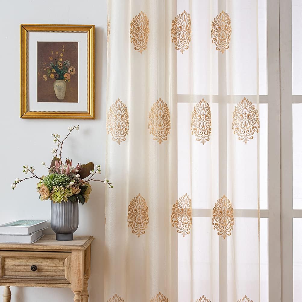 Luxury Damask Embroidered Sheer Curtains for Bedroom Transparent Tulle Curtain,52inchX96inch,Grommet Top,2 Panels