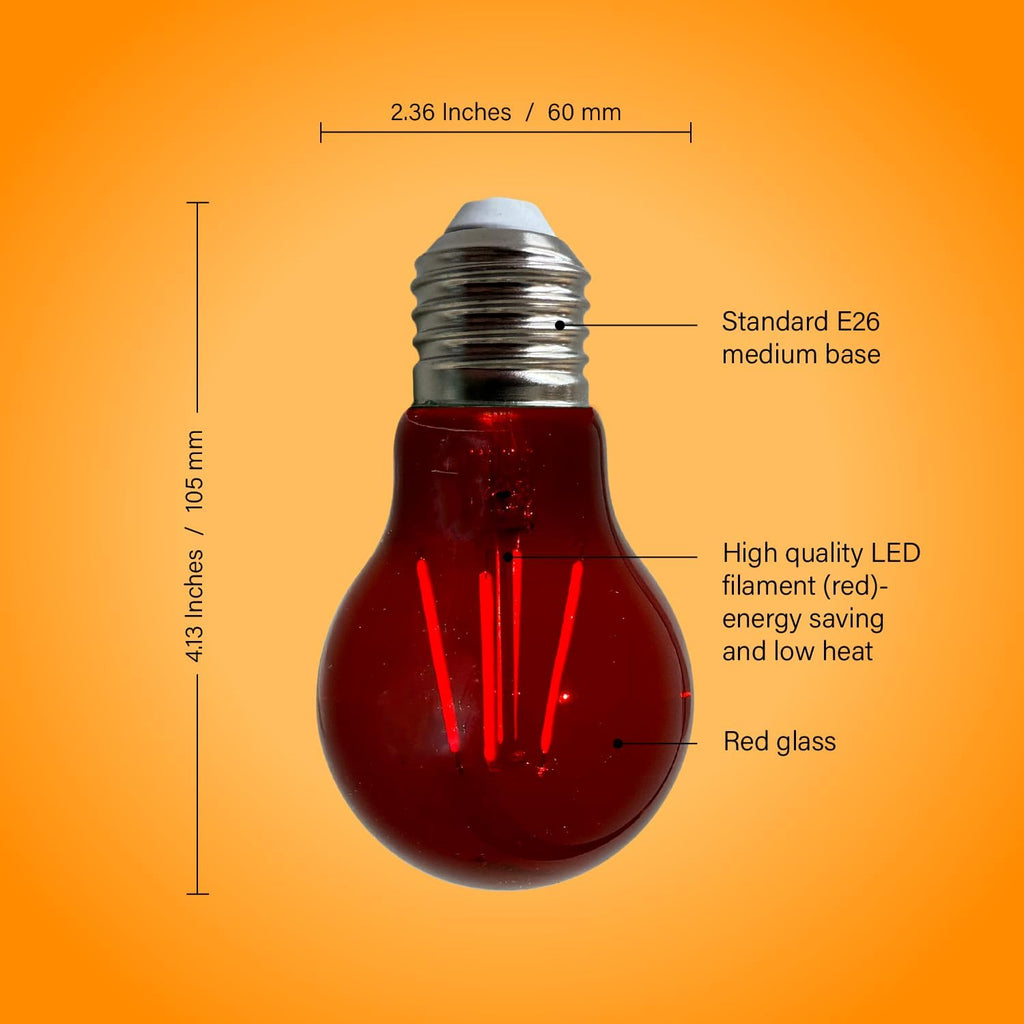 A19 LED Edison Red Filament Light Bulbs, Red Colored Glass