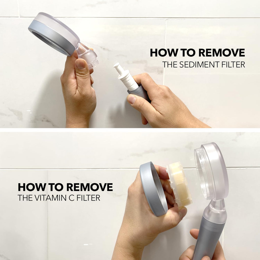 Pluo Handheld Filtered Shower Head - Silver | Vitamin C Filter for Healthy Skin & Hair | High Pressure Soft Spray