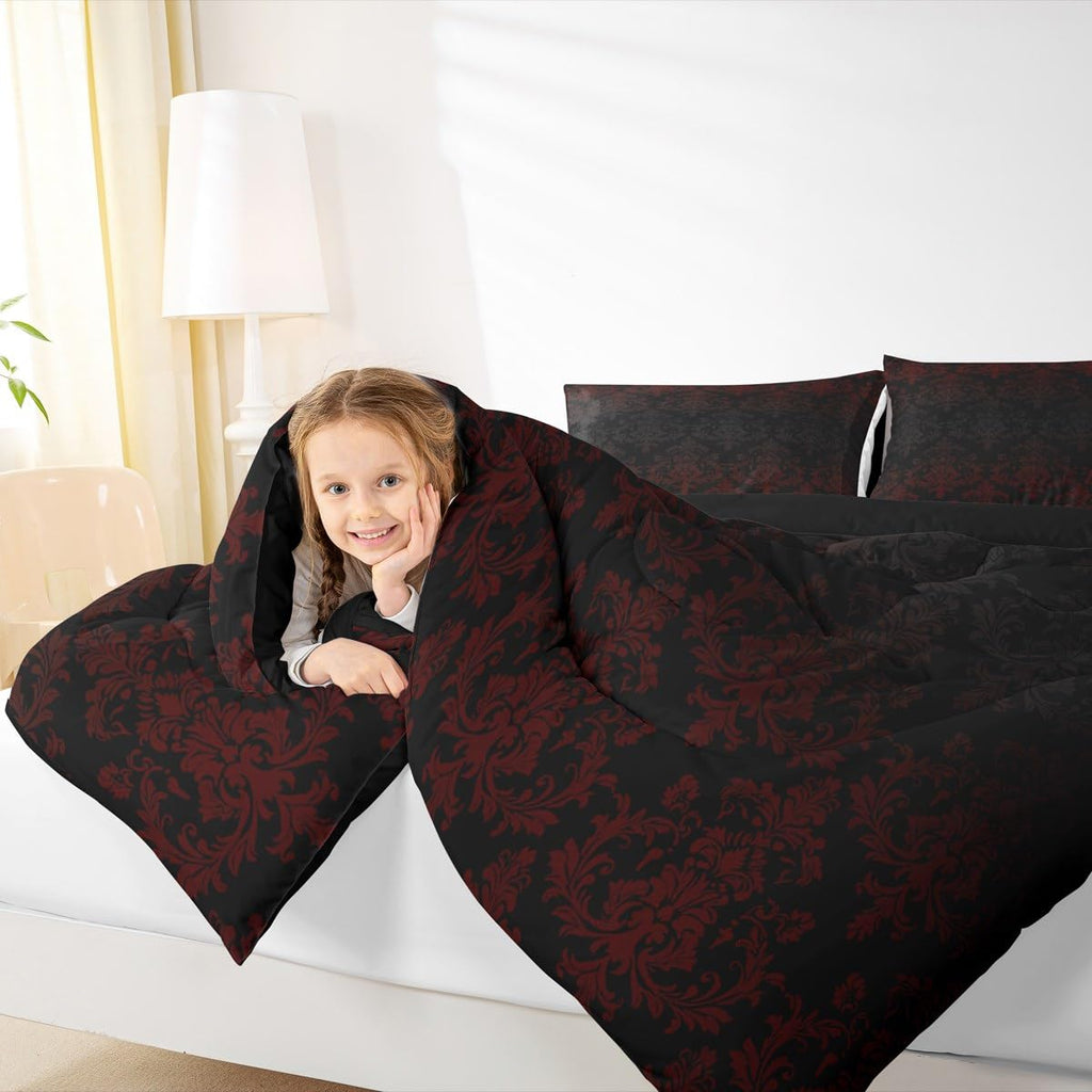 Black Red Damask Bedding Sets Full Size, Antique Victorian Baroque Boho Reversible Down Comforter Breathable Polyester