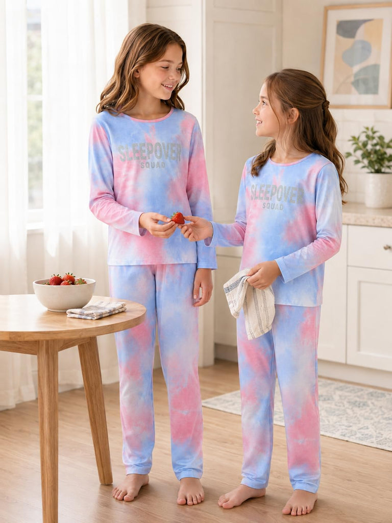 Girls' 100% Cotton Pajama Set, Tie-Dye with Various Prints