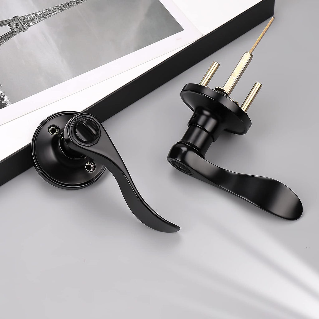 2 Pack Black Interior Door Handles Privacy Door Levers with Lock Inside, Keyless Wave Style Door Handle Knobs for