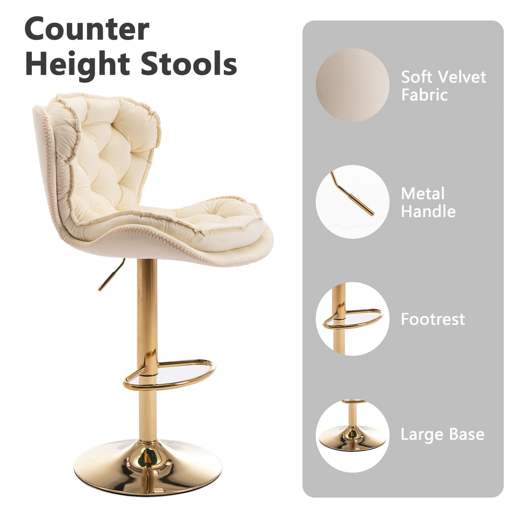 Bar Stools Set of 2, Modern Adjustable Counter Height Swivel Barstools with Velvet Tufted Upholstered Island, 360