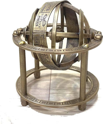 Zodiac Armillary Brass Sphere Globe Display 8" Wooden Base | Antique Vintage Earth Steampunk Pirate's Antique Ship
