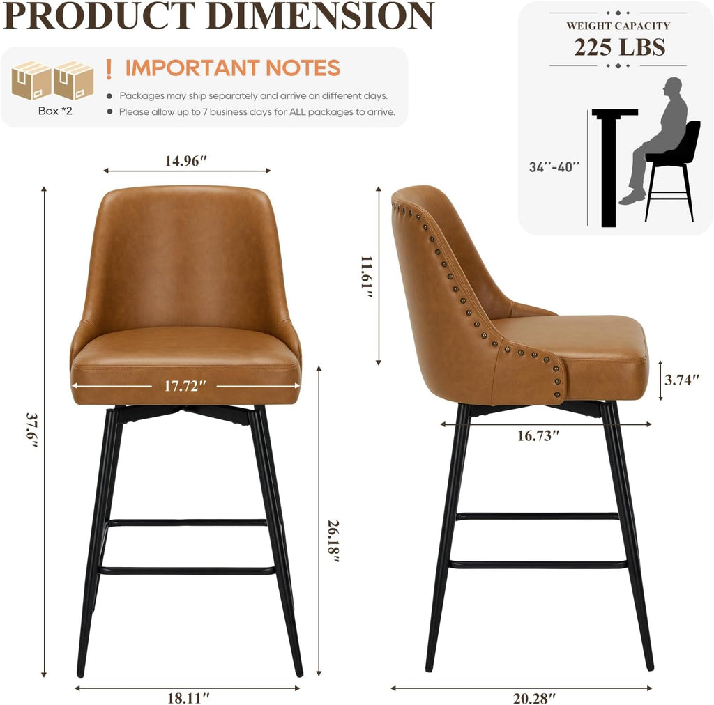 Bar Stools Set of 4, 26" Swivel Counter Height Chairs with Back,Thick Padded Seat & Footrest,Modern Faux Leather