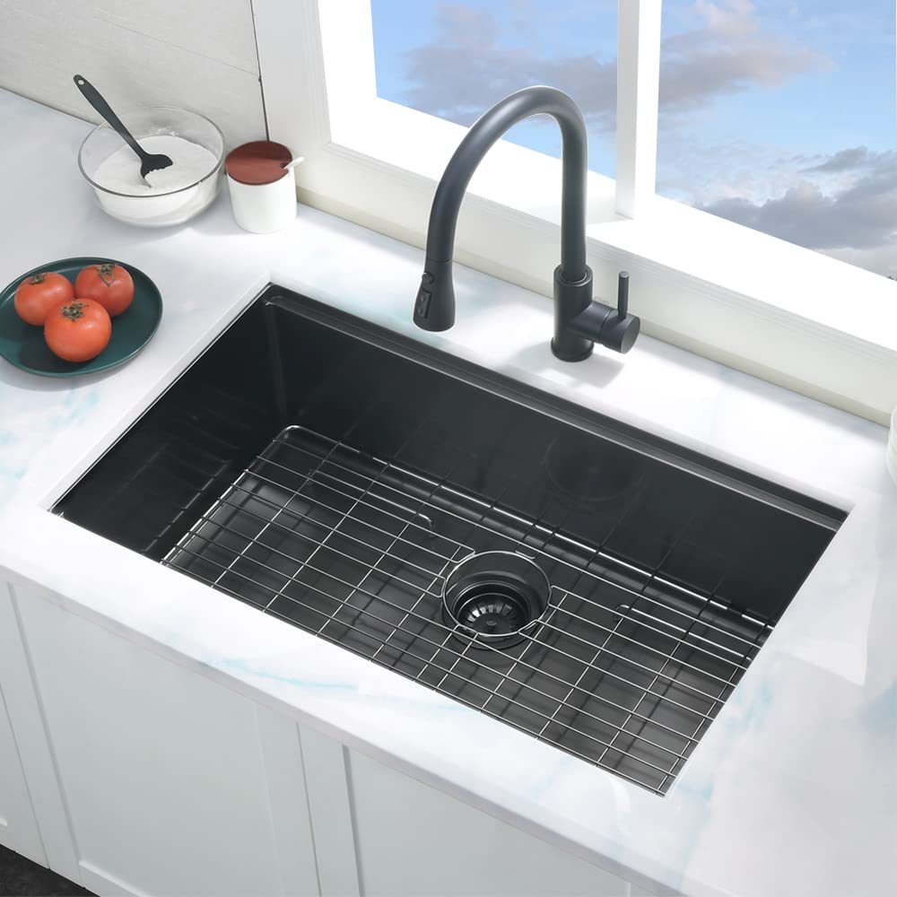 30 Inch Undermount Kitchen Sink Black Stainless Steel Deep Commercial 16 Gauge Single Bowl Undermount Workstation Sink