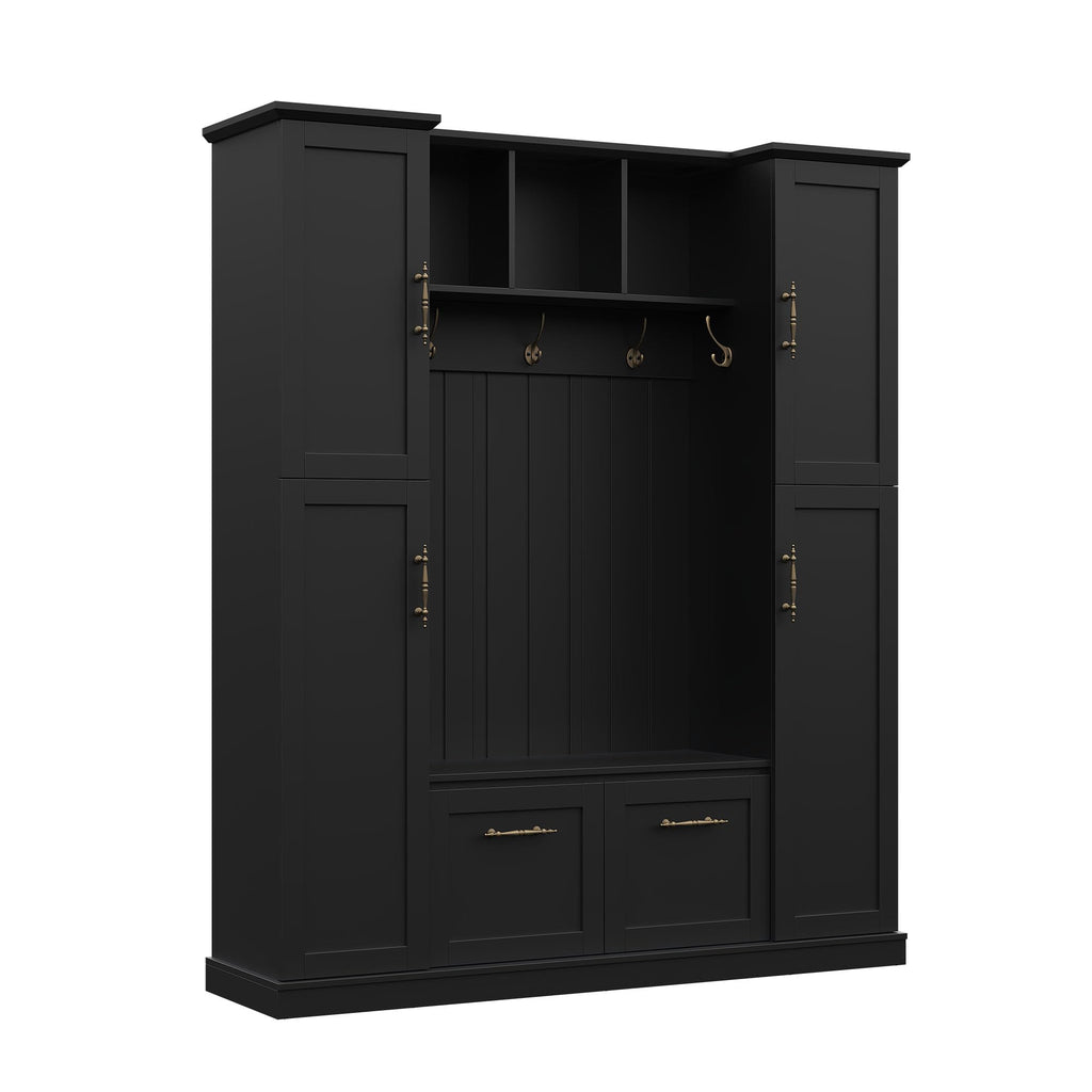 Farmhouse Elegant Hall Tree with Bench, 4 Side Cabinets, Adjustable Shelves & Open Cubbies, Beadboard Entryway Bench