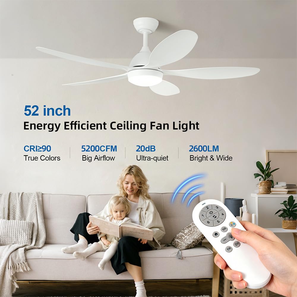 52 Inch White Outdoor Ceiling Fan with Lights and Remote Control, 3CCT Dimmable LED Light Fixture, Damp Rated Palm