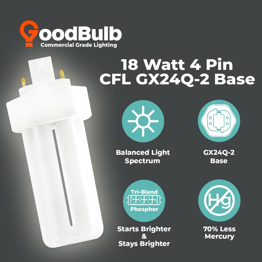 18 Watt CFL Light Bulbs 4 Pin GX24Q-2 Base 4100K Cool White 18W High Output 1200 Lumens Triple Tube Compact