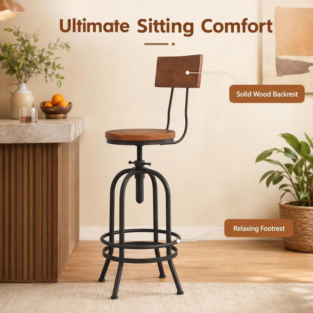 Set of 2-Industrial Bar Stools with Backrest-Swivel Wood Seat-Bar Counter Height Adjustable 26-32.2inch-Kitchen