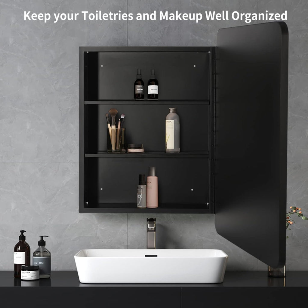 24 Inch x 30 Inch Black Metal Framed Bathroom Mirror Medicine Cabinet Rectangle Tilting Beveled Vanity Mirrors Recess
