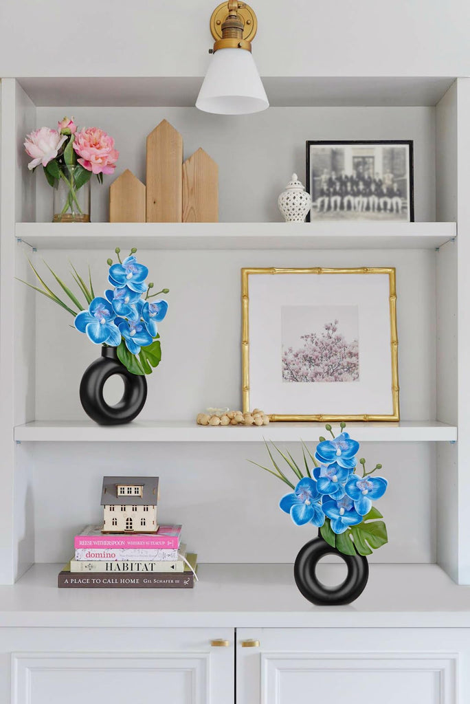 2PCS Blue Orchid Fake Flowers in Black Ceramic Pot Silk Orchid Floral Arrangement Faux Orchid Plant Room Shelf Table