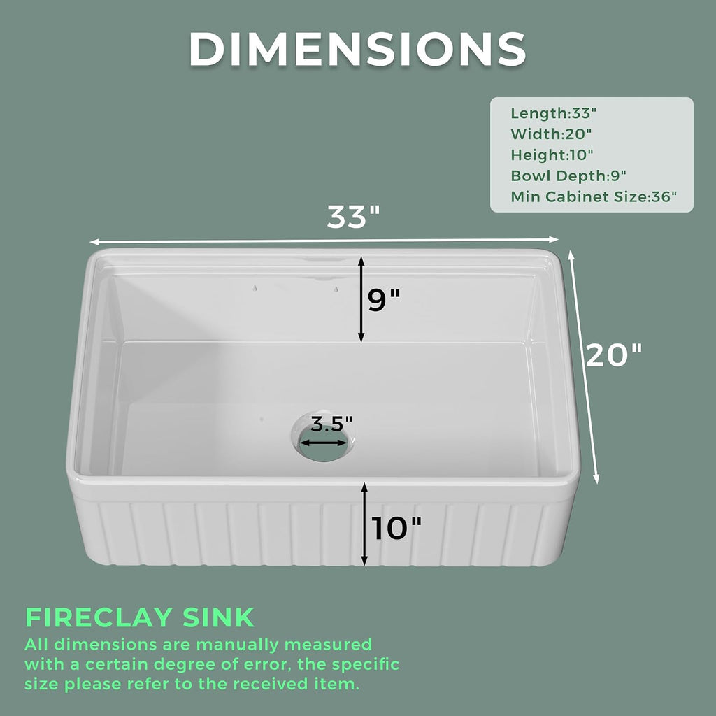33 Inch Fireclay Farmhouse Sink White Fluted Apron Front Workstation | Heavy Duty Single Bowl Kitchen Sink, 33"W x