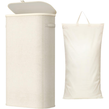 Slim Laundry Basket with Lid and Removable Bag, 75L, White