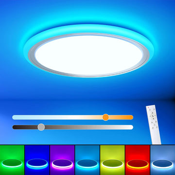 RGB Led Flush Mount Ceiling Light with Remote Control, 13Inch 24W 2400LM 3000K-6500K Dimmable Color Changing Wired