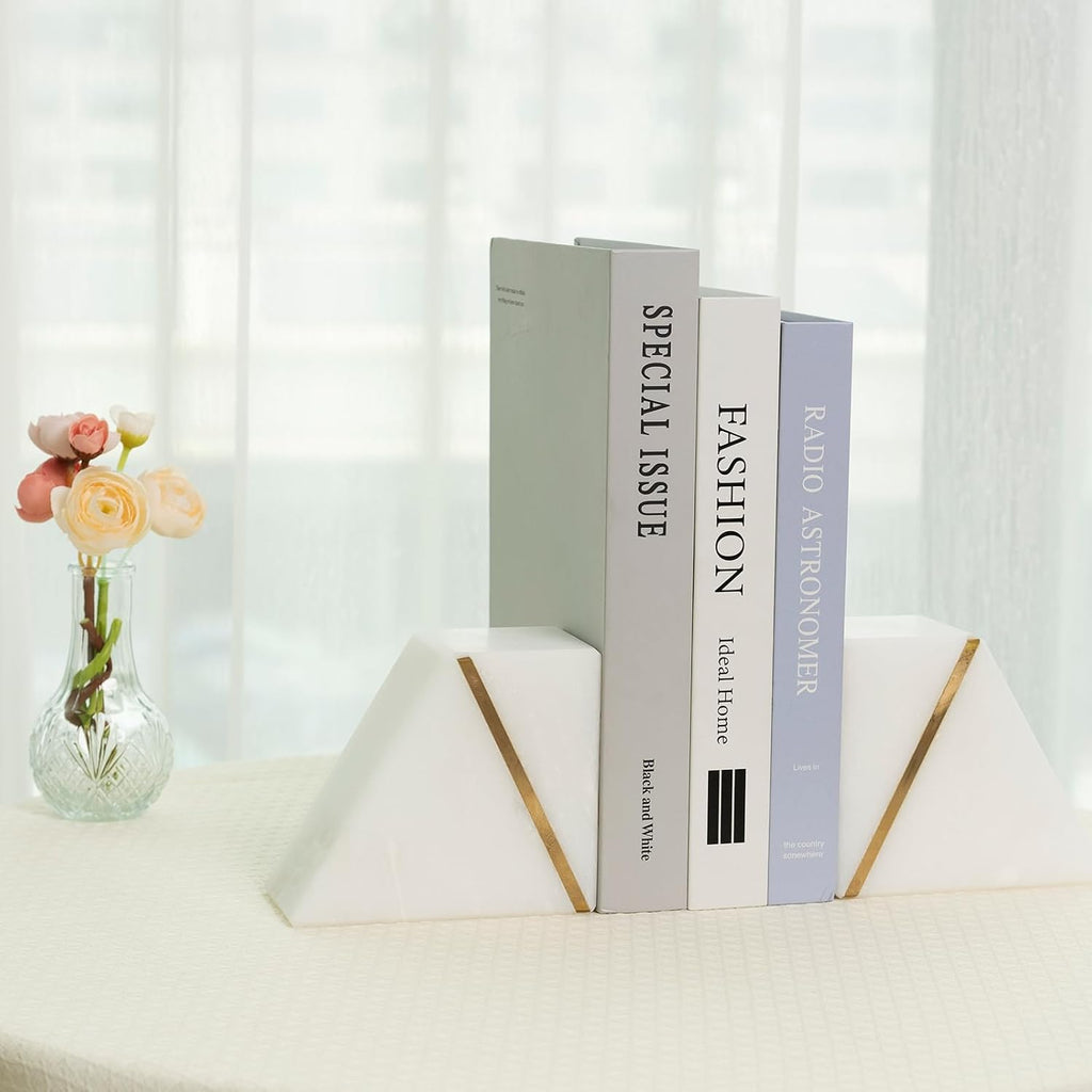 Natural Marble Bookends for Shelves, Decorative Book Ends for Heavy Books, Heavy Duty Mid Century Modern White and
