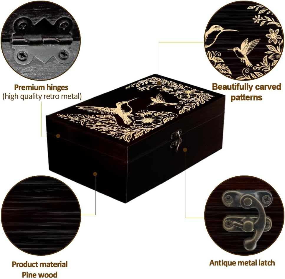Wooden Memorial Storage Box with Hinged Lids, Hummingbird Flowers
