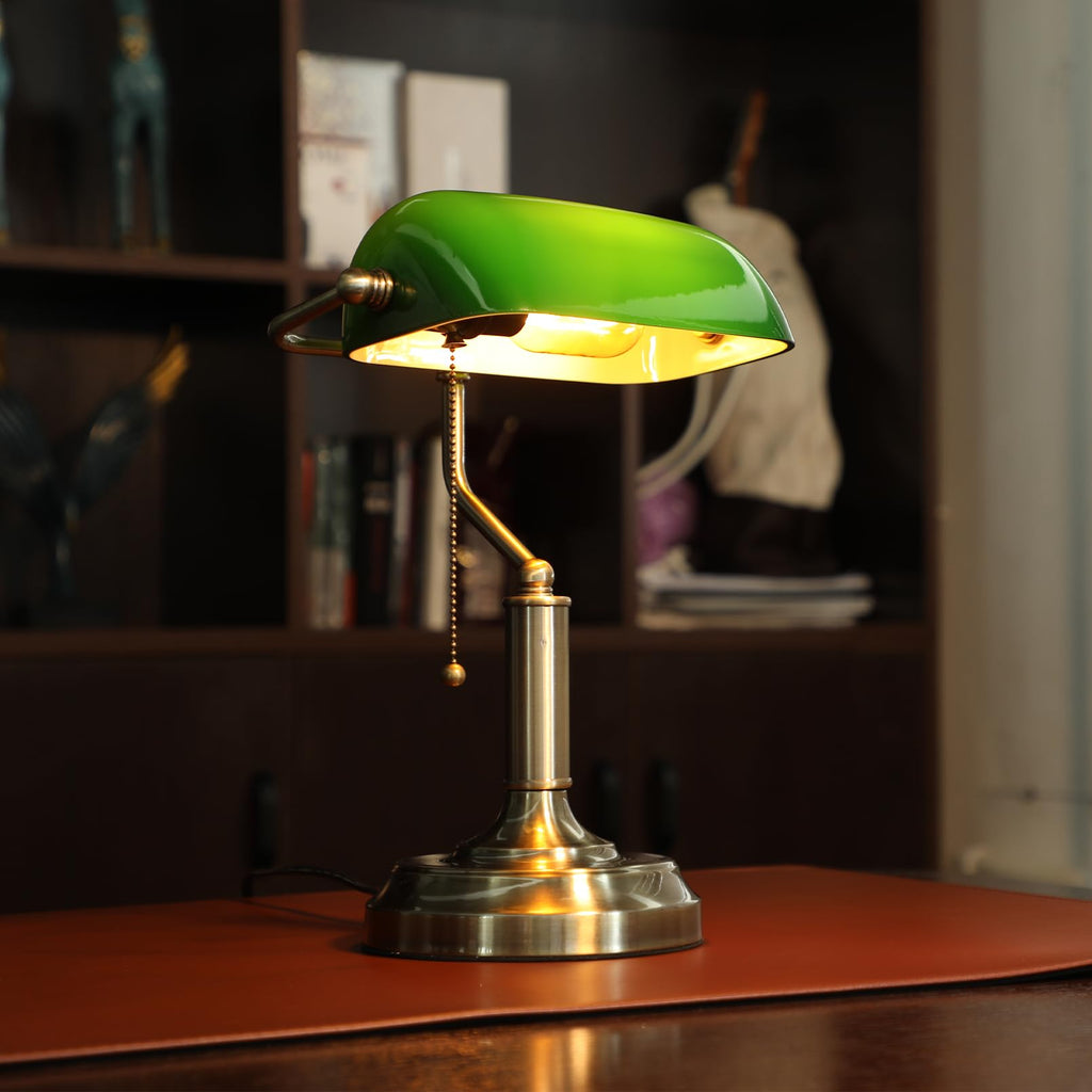 Green Glass Bankers Desk Lamp with Pull Chain, E26 Base