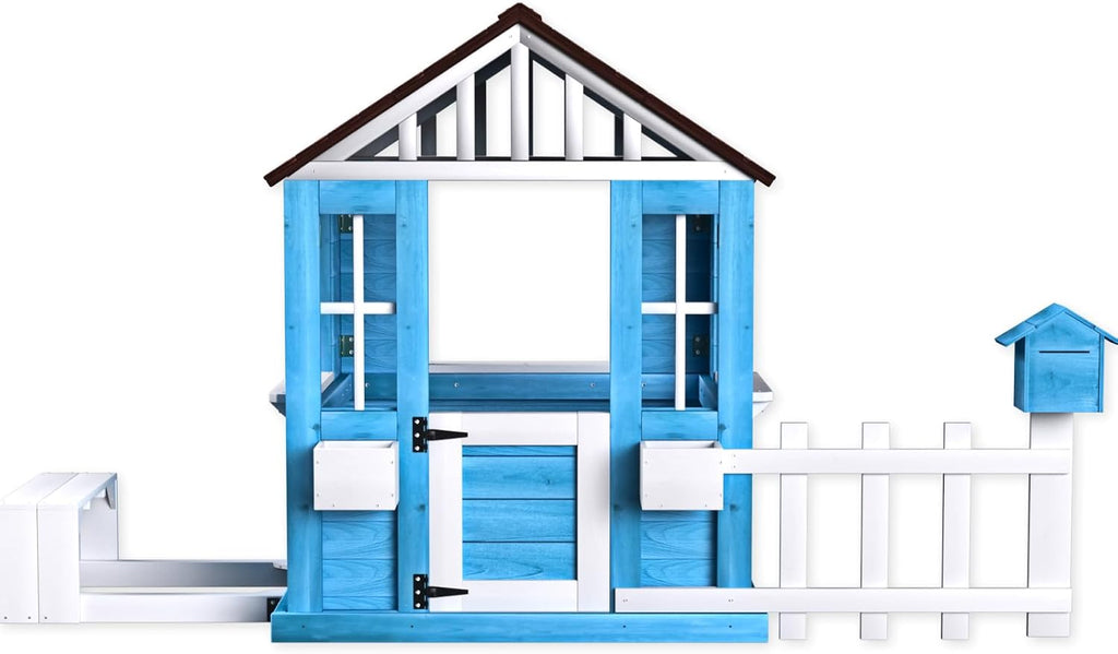 Playhouse foe 3-6 Ages Boys Girls, Wooden Playhouse with Bench Fence Windows Flowerpot Holders & Snack Window, Solid