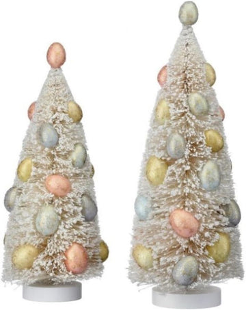 Easter Bottle Brush Trees - Vintage Inspired Trees Adorned with Colorful Pastel Egg Ornaments - Set of 2